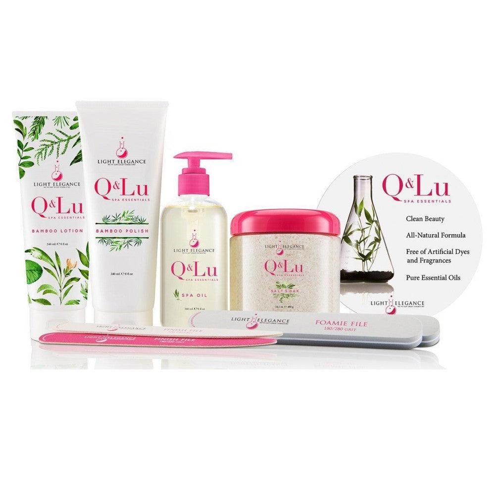 Antique White Q&Lu Kit. Incluye Loción, Exfoliante, Sales de Baño, Aceite de Masaje, 1 lima Foamie y 2 limas Finish